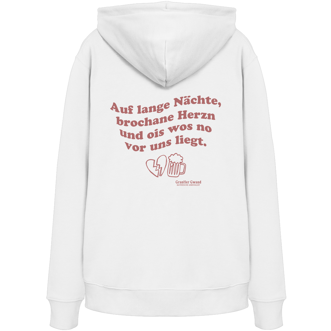 Weißer Unisex Hoodie mit rotem Rückendruck „auf lange Nächte“ im Vintage-Look von Grantler Gwand aus hochwertiger Bio-Baumwolle.