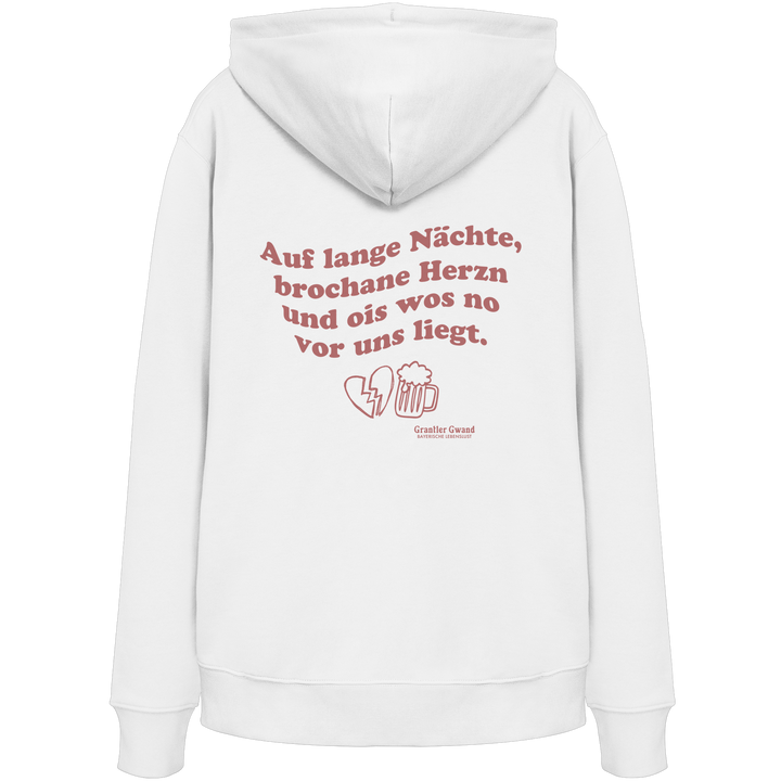 Weißer Unisex Hoodie mit rotem Rückendruck „auf lange Nächte“ im Vintage-Look von Grantler Gwand aus hochwertiger Bio-Baumwolle.