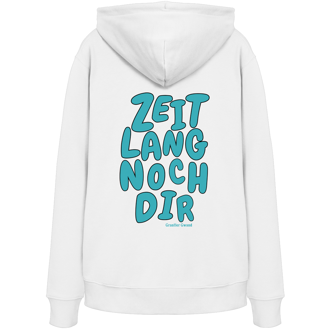„Weißer Unisex Hoodie mit großem, grünem Backprint 'Zeit lang noch dir' im markanten Typografie-Design von Grantler Gwand.“