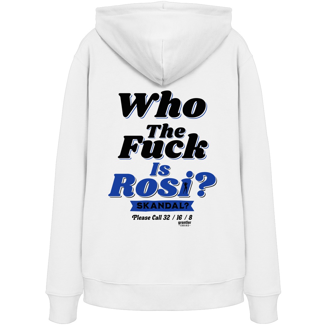 Weißer Hoodie mit großem Backprint „Who The Fuck Is Rosi? Skandal?“ in Schwarz und Blau im Retro-Stil.