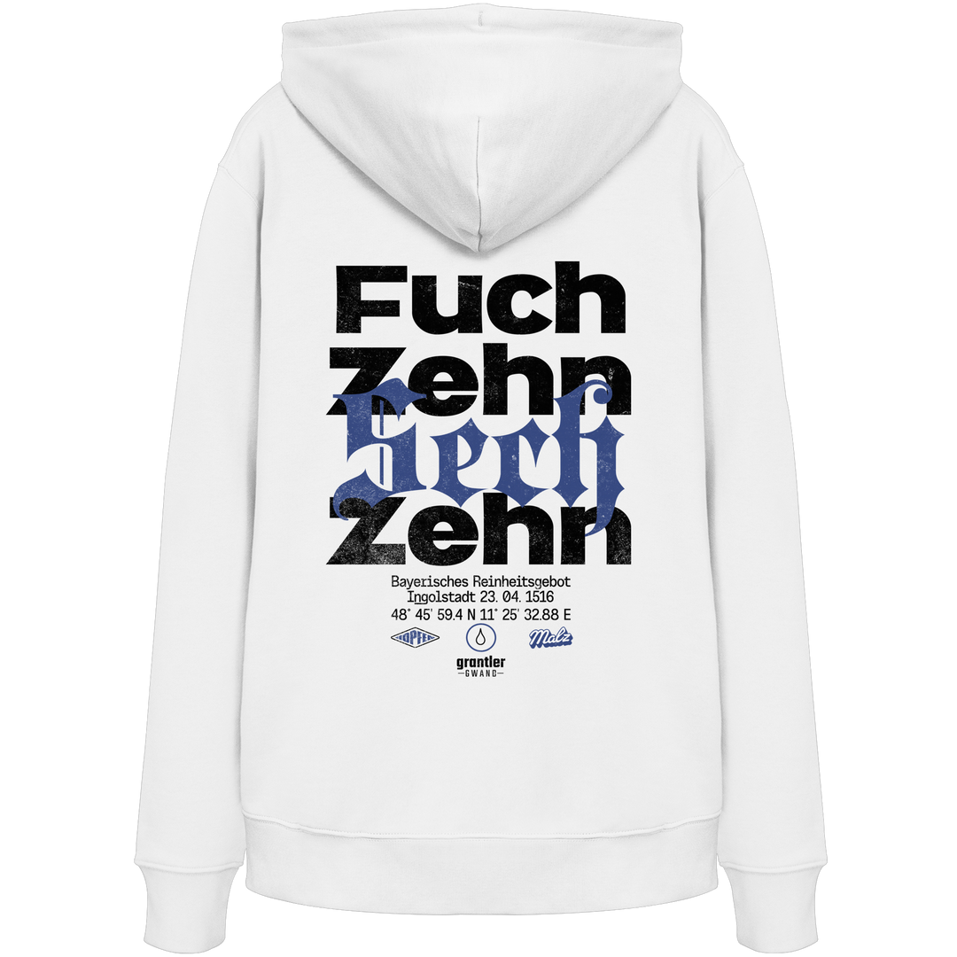 Weißer Hoodie mit großem „Fuchzehn Sechzehn“-Backprint in Schwarz und Blau, inspiriert vom Bayerischen Reinheitsgebot von 1516.