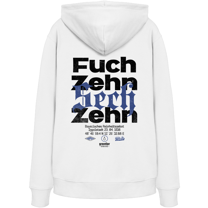 Weißer Hoodie mit großem „Fuchzehn Sechzehn“-Backprint in Schwarz und Blau, inspiriert vom Bayerischen Reinheitsgebot von 1516.