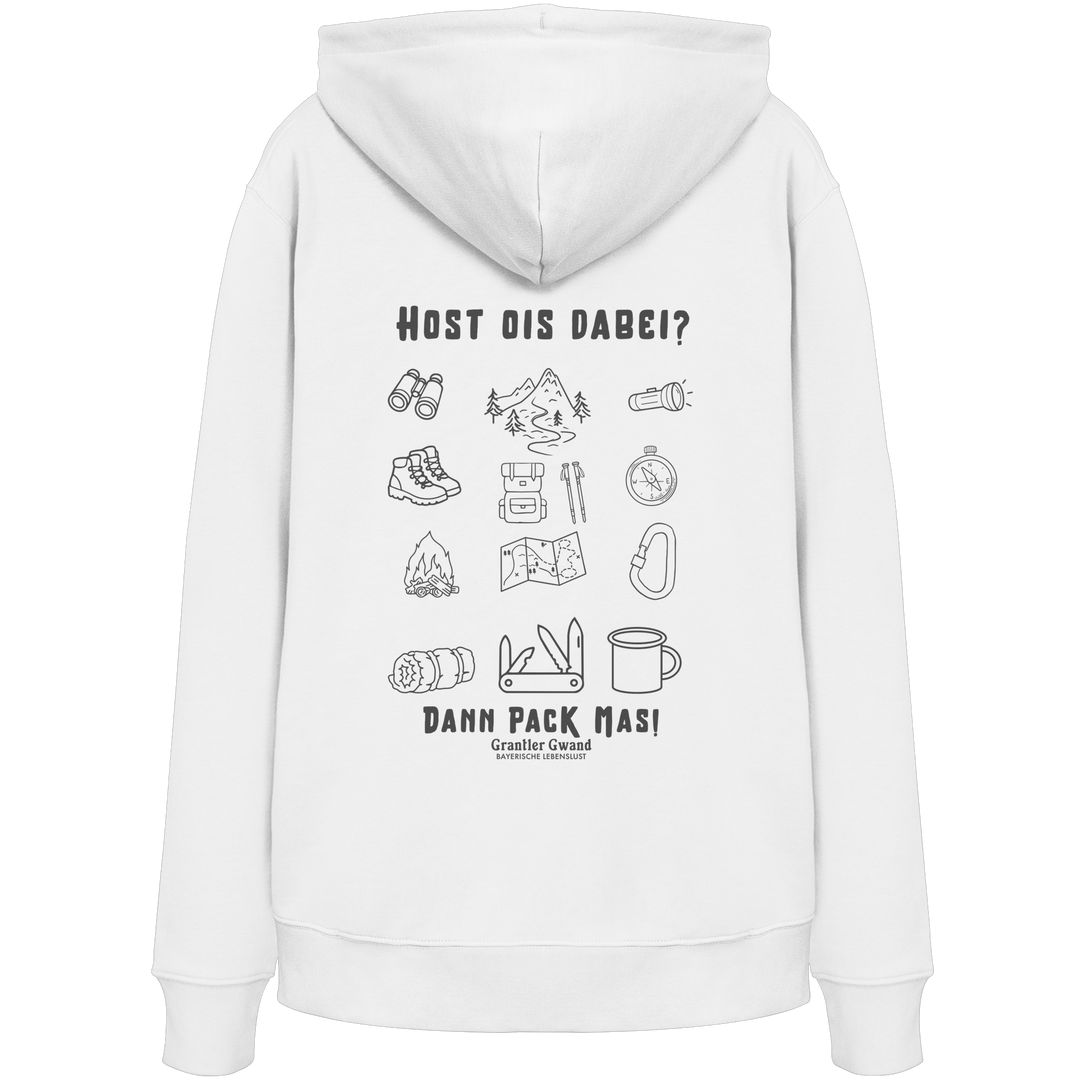 Weißer Hoodie mit Backprint „Host ois dabei“ – bayerischer Outdoor Hoodie mit Wander-, Camping- und Bergsport-Motiv von Grantler Gwand.