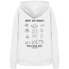 Weißer Hoodie mit Backprint „Host ois dabei“ – bayerischer Outdoor Hoodie mit Wander-, Camping- und Bergsport-Motiv von Grantler Gwand.