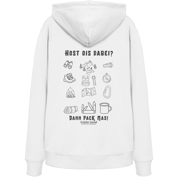 Weißer Hoodie mit Backprint „Host ois dabei“ – bayerischer Outdoor Hoodie mit Wander-, Camping- und Bergsport-Motiv von Grantler Gwand.