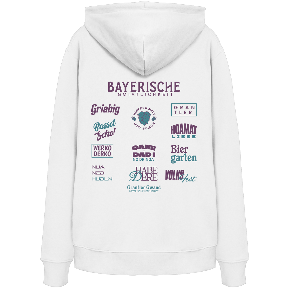 Weißer Hoodie mit großem lila Backprint „Bayerische Gmiatlichkeit“ und bayerischen Begriffen wie Hoamatliebe, Biergarten, Volksfest, Grantler, Hopfen & Malz und Griabig. Unisex Premium-Hoodie mit Kapuze im modernen Streetwear-Style. Designed und bedruckt in Bayern von Grantler Gwand.