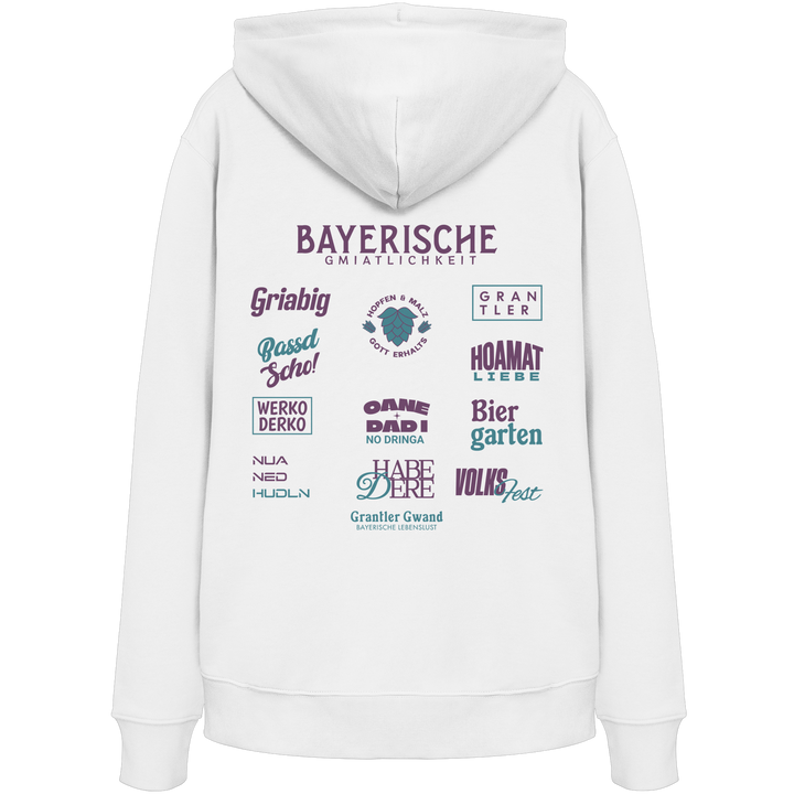 Weißer Hoodie mit großem lila Backprint „Bayerische Gmiatlichkeit“ und bayerischen Begriffen wie Hoamatliebe, Biergarten, Volksfest, Grantler, Hopfen &amp; Malz und Griabig. Unisex Premium-Hoodie mit Kapuze im modernen Streetwear-Style. Designed und bedruckt in Bayern von Grantler Gwand.