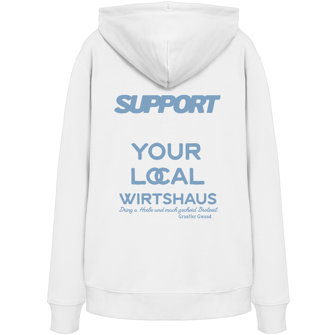 „Weißer Unisex Hoodie mit großem, blauem Backprint &