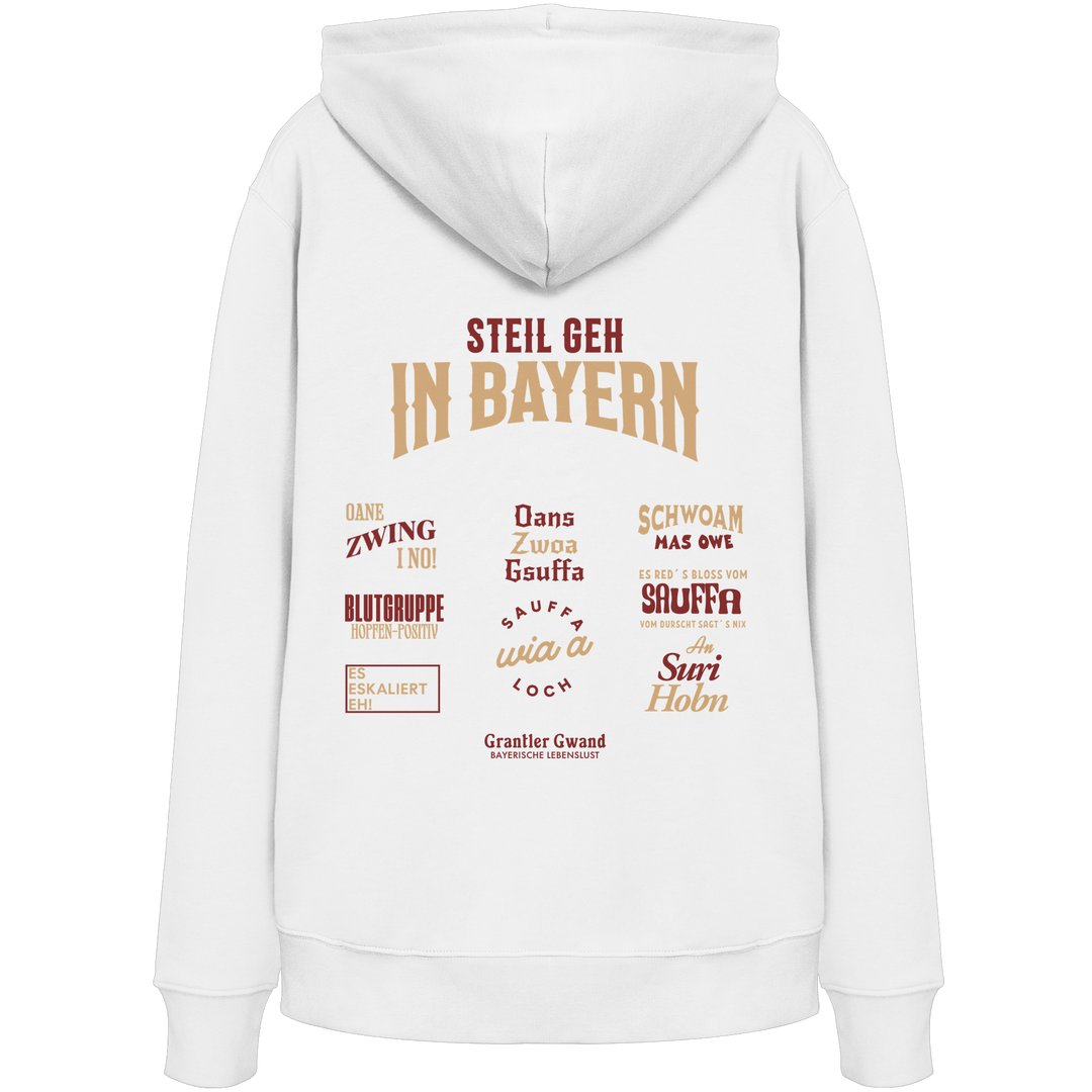Weißes unisex Hoodie mit großem Backprint aus mehreren bayerischen Dialektsprüchen im modernen Typografie-Design von Grantler Gwand.