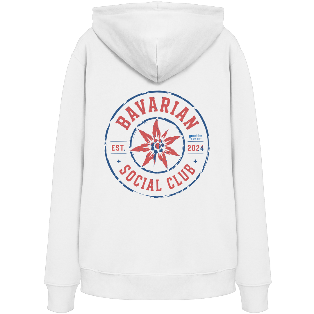 Weißer Hoodie mit großem roten und blauen „Bavarian Social Club“-Backprint sowie Edelweiß-Motiv im Vintage-Streetwear-Design.