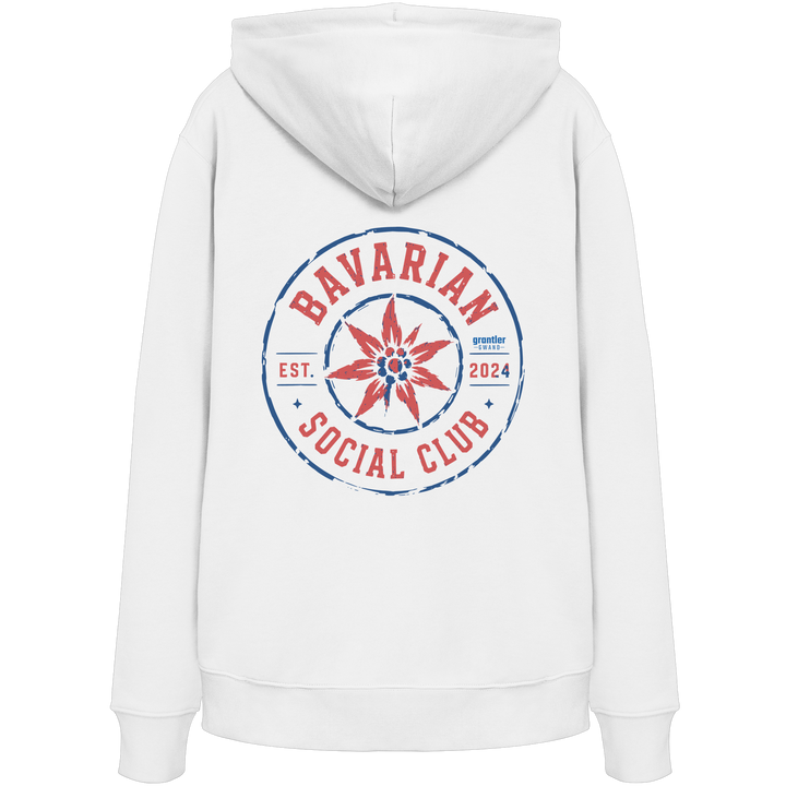 Weißer Hoodie mit großem roten und blauen „Bavarian Social Club“-Backprint sowie Edelweiß-Motiv im Vintage-Streetwear-Design.