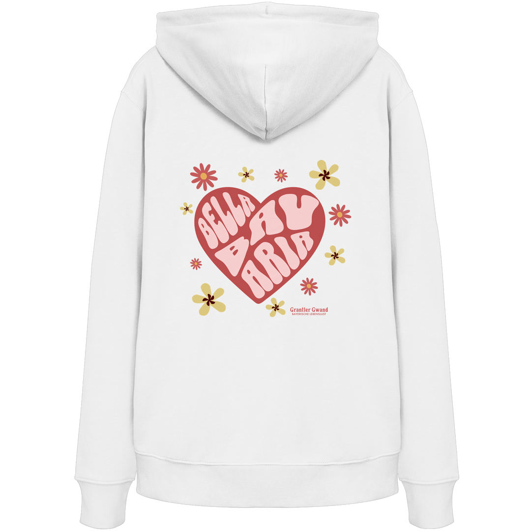 Weißer Unisex Hoodie mit großem Herzmotiv und bayerischem Bella Bavaria Schriftzug auf dem Rücken – hochwertiger Hoodie von Grantler Gwand.