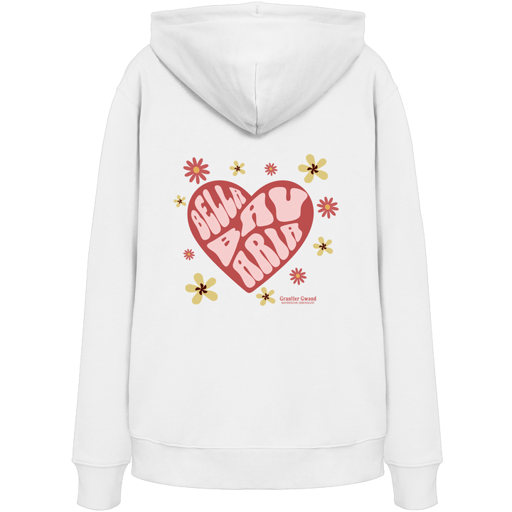 Weißer Unisex Hoodie mit großem Herzmotiv und bayerischem Bella Bavaria Schriftzug auf dem Rücken – hochwertiger Hoodie von Grantler Gwand.