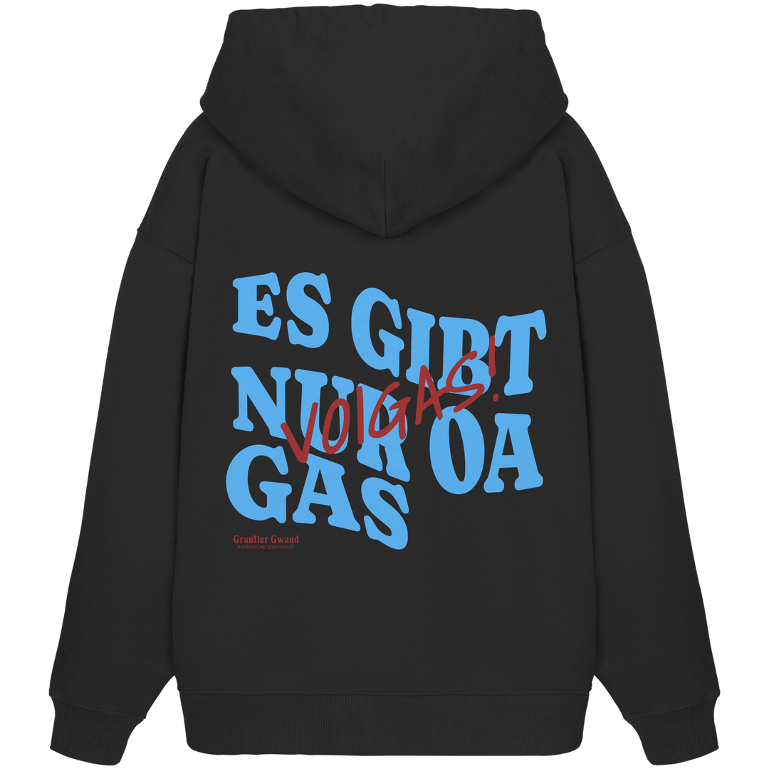Schwarzer Oversize Hoodie mit großem Backprint und dem bayerischen Spruch „Es gibt nur oa Gas“ im modernen Typografie-Design von Grantler Gwand.