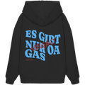 Schwarzer Oversize Hoodie mit großem Backprint und dem bayerischen Spruch „Es gibt nur oa Gas“ im modernen Typografie-Design von Grantler Gwand.