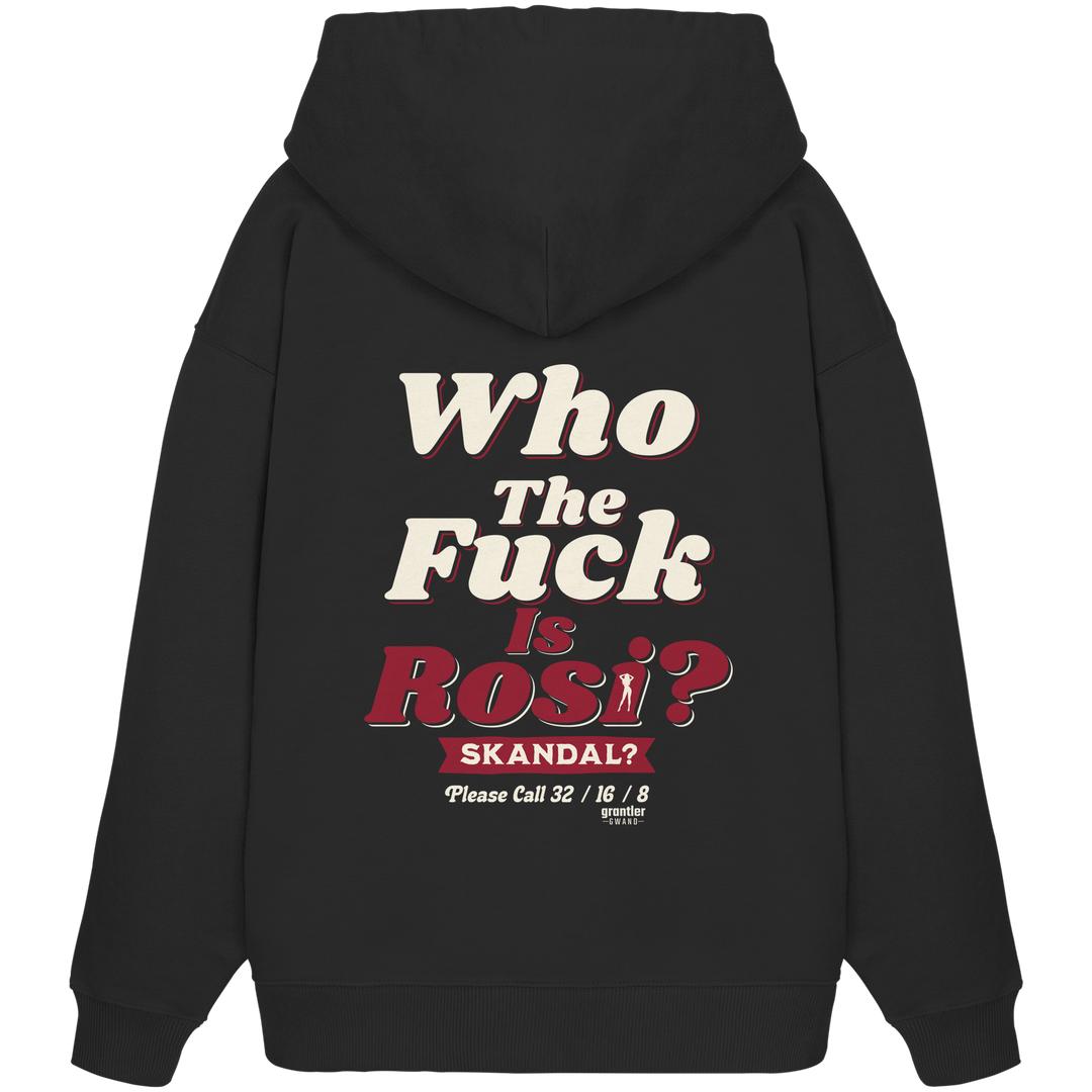 Schwarzer Oversize Hoodie mit großem Backprint „Who The Fuck Is Rosi? Skandal?“ im Retro-Design in Weiß und Rot.