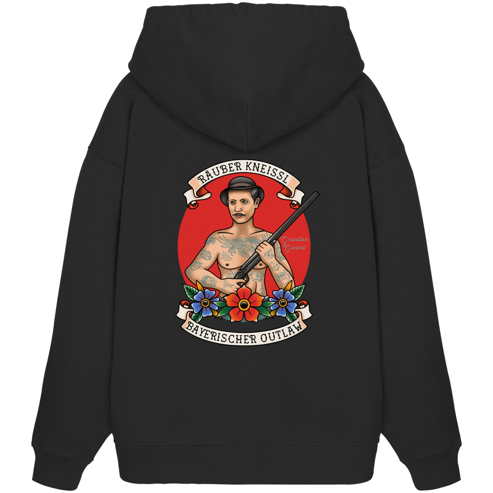 Schwarzer Oversize Hoodie mit großem Räuber Kneissl Backprint im Tattoo-Style. Extra schwerer Premium Hoodie mit bayerischem Motiv für moderne Streetwear, Festival, Alltag und urbanen Look. Designed und bedruckt in Bayern von Grantler Gwand.