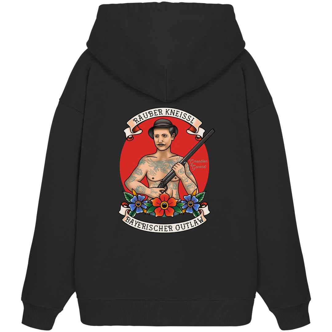 Schwarzer Oversize Hoodie mit großem Räuber Kneissl Backprint im Tattoo-Style. Extra schwerer Premium Hoodie mit bayerischem Motiv für moderne Streetwear, Festival, Alltag und urbanen Look. Designed und bedruckt in Bayern von Grantler Gwand.