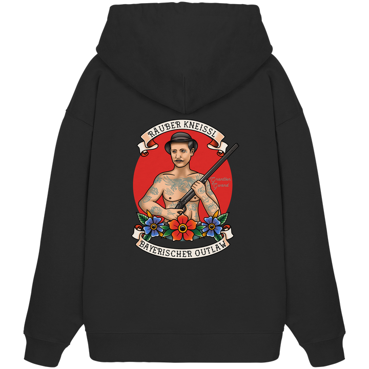 Schwarzer Oversize Hoodie mit großem Räuber Kneissl Backprint im Tattoo-Style. Extra schwerer Premium Hoodie mit bayerischem Motiv für moderne Streetwear, Festival, Alltag und urbanen Look. Designed und bedruckt in Bayern von Grantler Gwand.