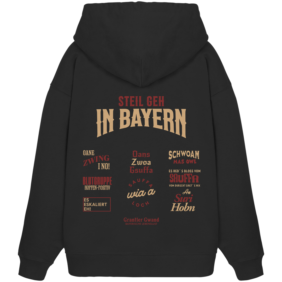 schwarzer unisex Hoodie mit großem Backprint aus mehreren bayerischen Dialektsprüchen im modernen Typografie-Design von Grantler Gwand.