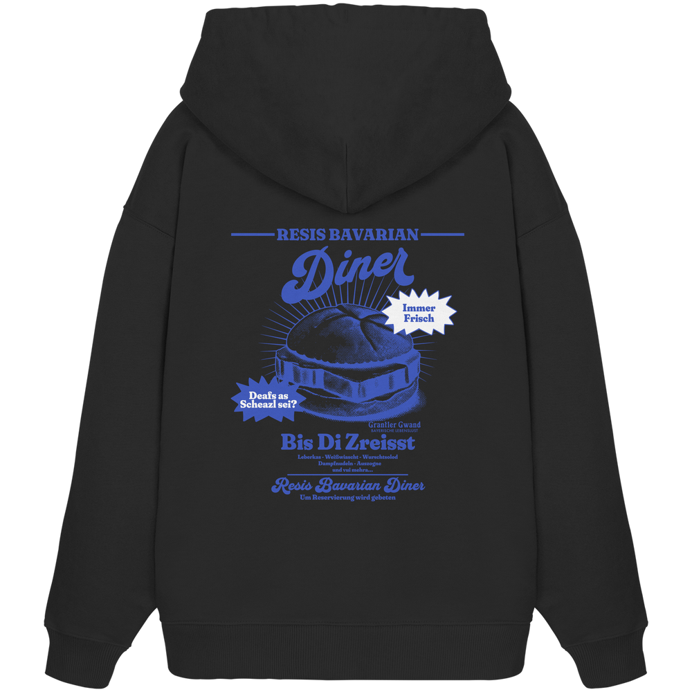 Schwarzer Oversize Hoodie mit Backprint „Resis Bavarian Diner“ – bayerischer Streetwear Hoodie mit Leberkässemmel im Retro-Diner-Design und Vintage-Print von Grantler Gwand.