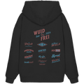 Schwarzer Oversize Hoodie mit großem Backprint „Wuid & Frei“ sowie verschiedenen bayerischen Begriffen wie Prosit der Gemütlichkeit, Oanszwoa Gsuffa, Jack Cola, Aperol Bar und Dirndl & Lederhosn von Grantler Gwand.
