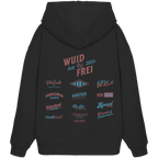 Schwarzer Oversize Hoodie mit großem Backprint „Wuid & Frei“ sowie verschiedenen bayerischen Begriffen wie Prosit der Gemütlichkeit, Oanszwoa Gsuffa, Jack Cola, Aperol Bar und Dirndl & Lederhosn von Grantler Gwand.