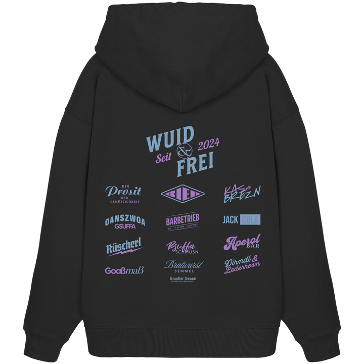 Schwarzer Oversize Hoodie mit großem Backprint „Wuid &amp; Frei“ sowie verschiedenen bayerischen Begriffen wie Prosit der Gemütlichkeit, Oanszwoa Gsuffa, Jack Cola, Aperol Bar und Dirndl &amp; Lederhosn von Grantler Gwand.