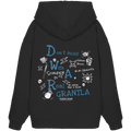 Schwarzer Oversize Hoodie mit großem Comic-Backprint „Don't Mess With A Real Grantla“, bayerischen Sprüchen, Totenköpfen, Blitzen und Boxhandschuhen von Grantler Gwand.