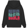 Schwarzer Oversize Hoodie mit großem Backprint „Nua Ned Hudla“ in moderner Typografie in Blau, Türkis und Rot von Grantler Gwand.