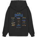 Schwarzer Oversize Hoodie mit großem Backprint „Oida Grantla“ und verschiedenen bayerischen Dialektbegriffen wie Gschwoi Schädl, Freibier Låtschn, Brezn Soiza, Oida Saubär und Dorf Depp von Grantler Gwand.