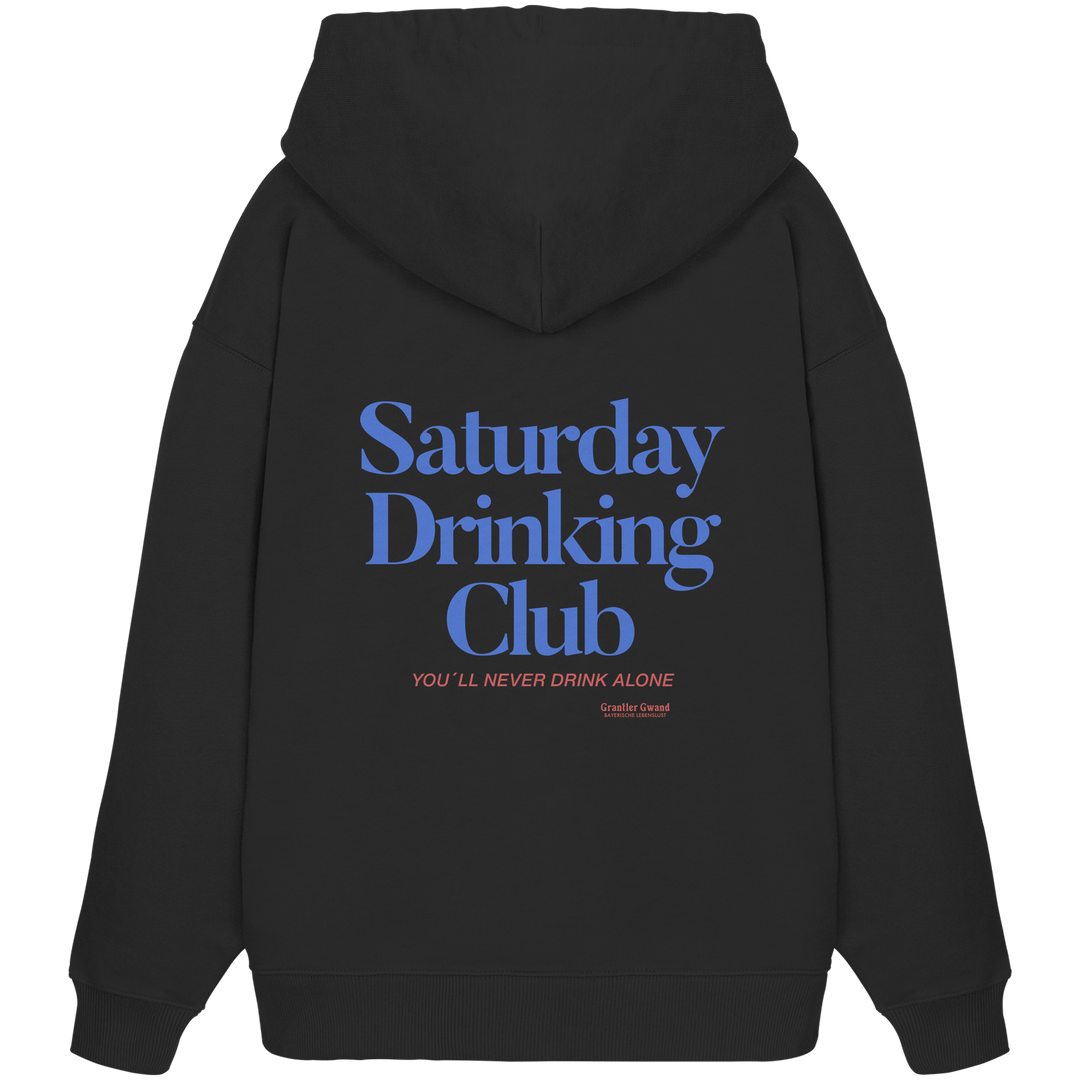 Schwarzer Oversize Hoodie mit großem Backprint „Saturday Drinking Club“ und dem Schriftzug „You&