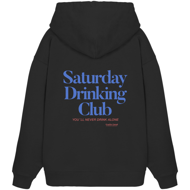 Schwarzer Oversize Hoodie mit großem Backprint „Saturday Drinking Club“ und dem Schriftzug „You&