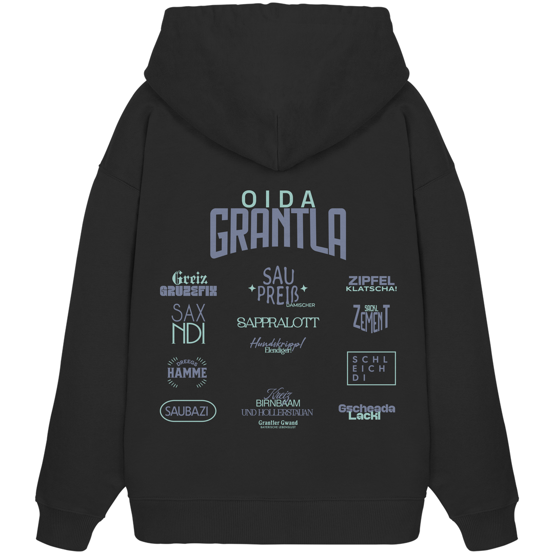 Schwarzer Oversize Hoodie mit großem Backprint „Oida Grantla“ sowie verschiedenen bayerischen Dialektbegriffen wie Sapperlott, Saubazi, Saxndi und Gscheada Lackl von Grantler Gwand.