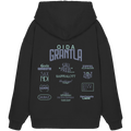 Schwarzer Oversize Hoodie mit großem Backprint „Oida Grantla“ sowie verschiedenen bayerischen Dialektbegriffen wie Sapperlott, Saubazi, Saxndi und Gscheada Lackl von Grantler Gwand.