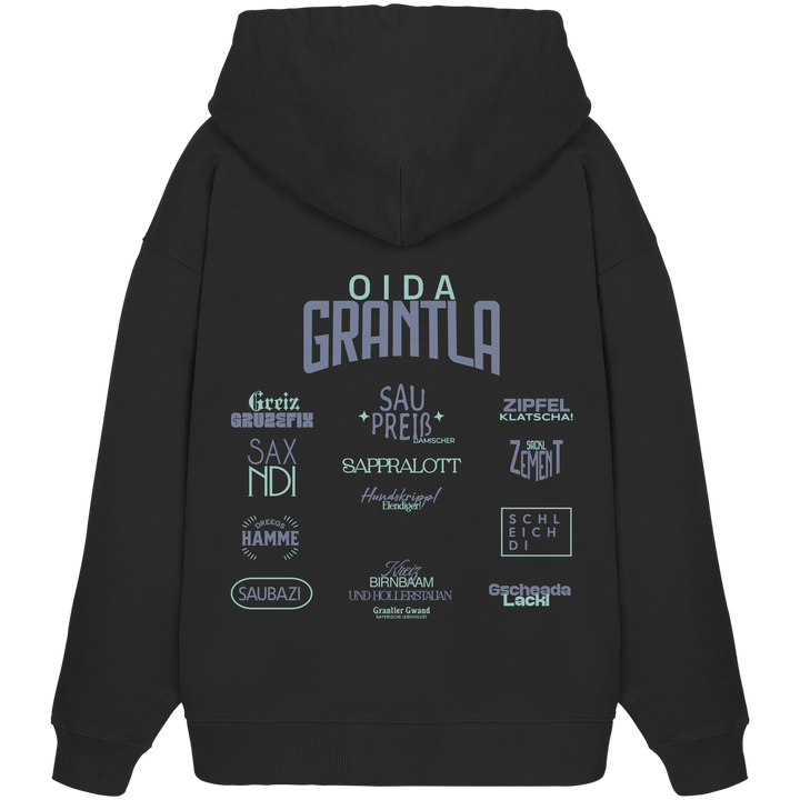 Schwarzer Oversize Hoodie mit großem Backprint „Oida Grantla“ sowie verschiedenen bayerischen Dialektbegriffen wie Sapperlott, Saubazi, Saxndi und Gscheada Lackl von Grantler Gwand.