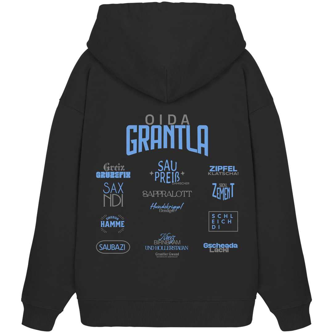 Schwarzer Oversize Hoodie mit großem Backprint „Oida Grantla“ und verschiedenen bayerischen Dialektbegriffen wie Saupreis, Sapperlott, Saxndi, Schleich di und Saubazi von Grantler Gwand.