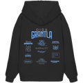 Schwarzer Oversize Hoodie mit großem Backprint „Oida Grantla“ und verschiedenen bayerischen Dialektbegriffen wie Saupreis, Sapperlott, Saxndi, Schleich di und Saubazi von Grantler Gwand.