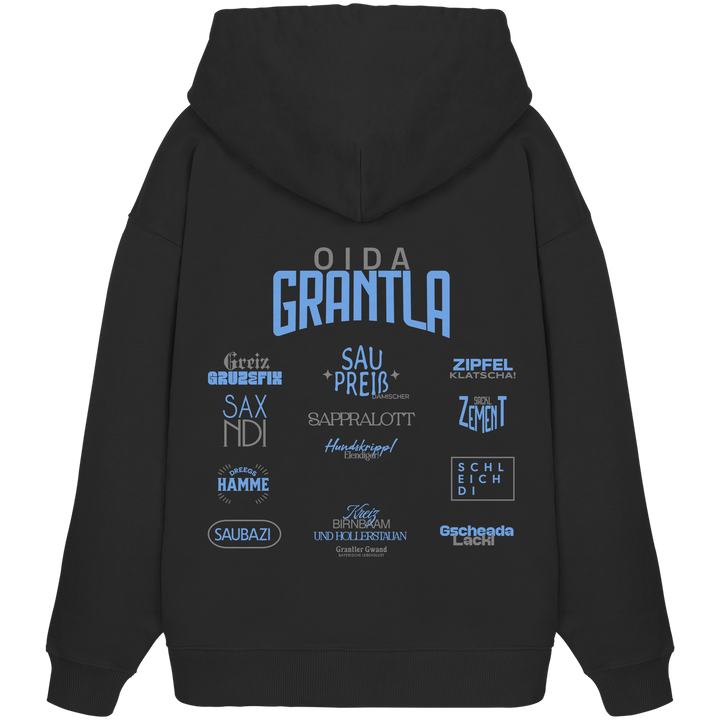 Schwarzer Oversize Hoodie mit großem Backprint „Oida Grantla“ und verschiedenen bayerischen Dialektbegriffen wie Saupreis, Sapperlott, Saxndi, Schleich di und Saubazi von Grantler Gwand.