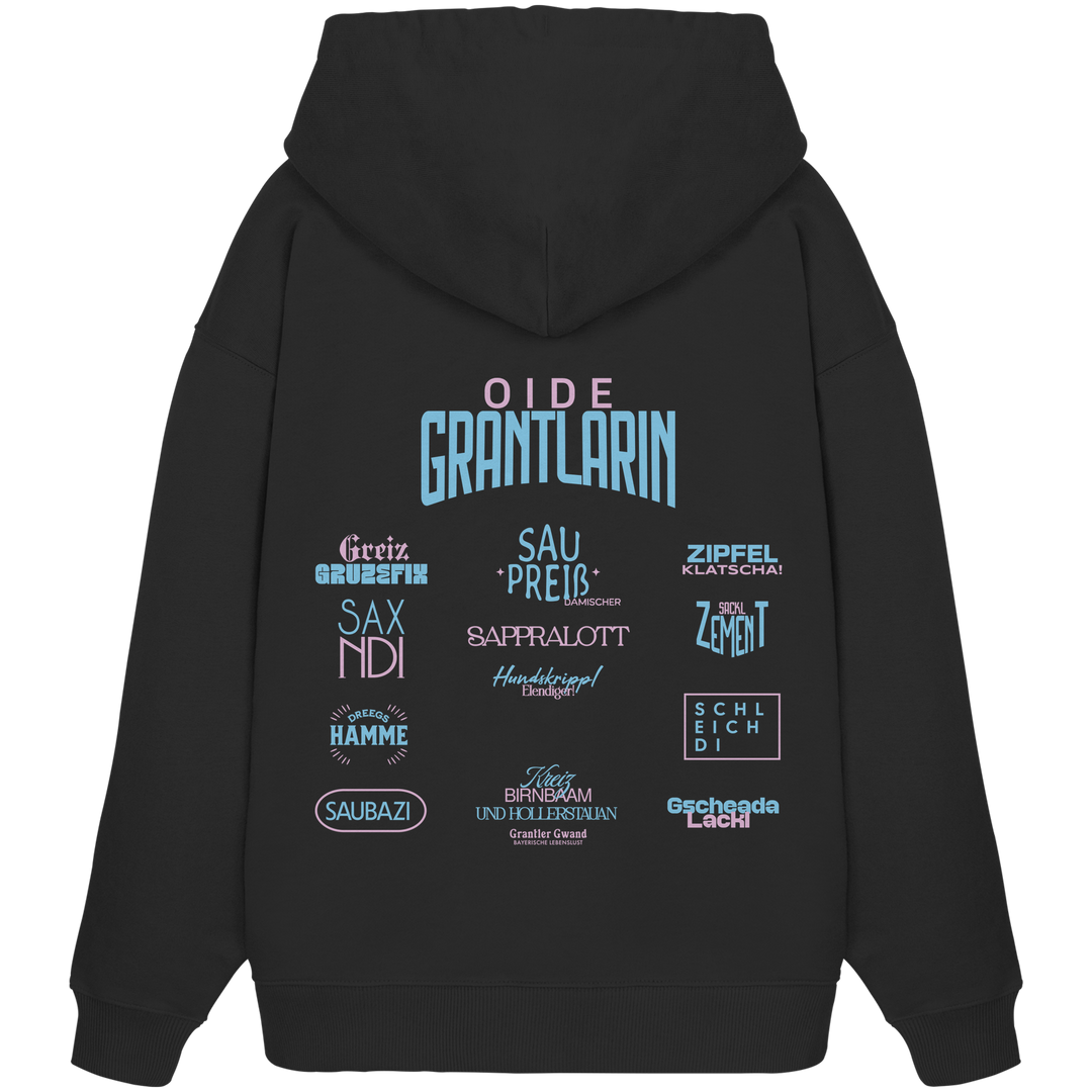 Schwarzer Oversize Hoodie mit großem Backprint „Oide Grantlarin“ sowie verschiedenen bayerischen Dialektbegriffen wie Sapperlott, Saubazi, Saxndi und Gscheada Lackl von Grantler Gwand.