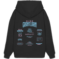 Schwarzer Oversize Hoodie mit großem Backprint „Oide Grantlarin“ sowie verschiedenen bayerischen Dialektbegriffen wie Sapperlott, Saubazi, Saxndi und Gscheada Lackl von Grantler Gwand.