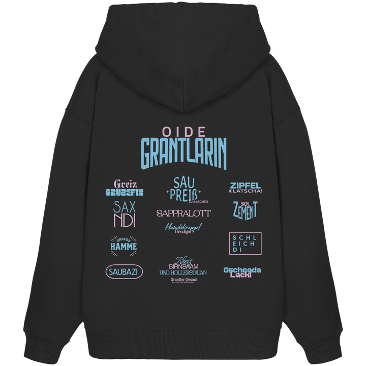 Schwarzer Oversize Hoodie mit großem Backprint „Oide Grantlarin“ sowie verschiedenen bayerischen Dialektbegriffen wie Sapperlott, Saubazi, Saxndi und Gscheada Lackl von Grantler Gwand.