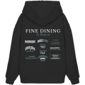 Schwarzer Oversize Hoodie mit großem Backprint "Fine Dining in Bayern" und verschiedenen bayerischen Spezialitäten wie Weißwiascht, Obazda, Auszogne, Steckerlfisch und Leberkas von Grantler Gwand.