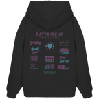 Schwarzer Oversize Hoodie mit großem lila Backprint „Bayerische Gmiatlichkeit“ und bayerischen Begriffen wie Hoamatliebe, Biergarten, Volksfest, Grantler, Hopfen & Malz und Griabig. Unisex Premium-Hoodie aus Bio-Baumwolle im modernen Streetwear-Style. Designed und bedruckt in Bayern von Grantler Gwand.