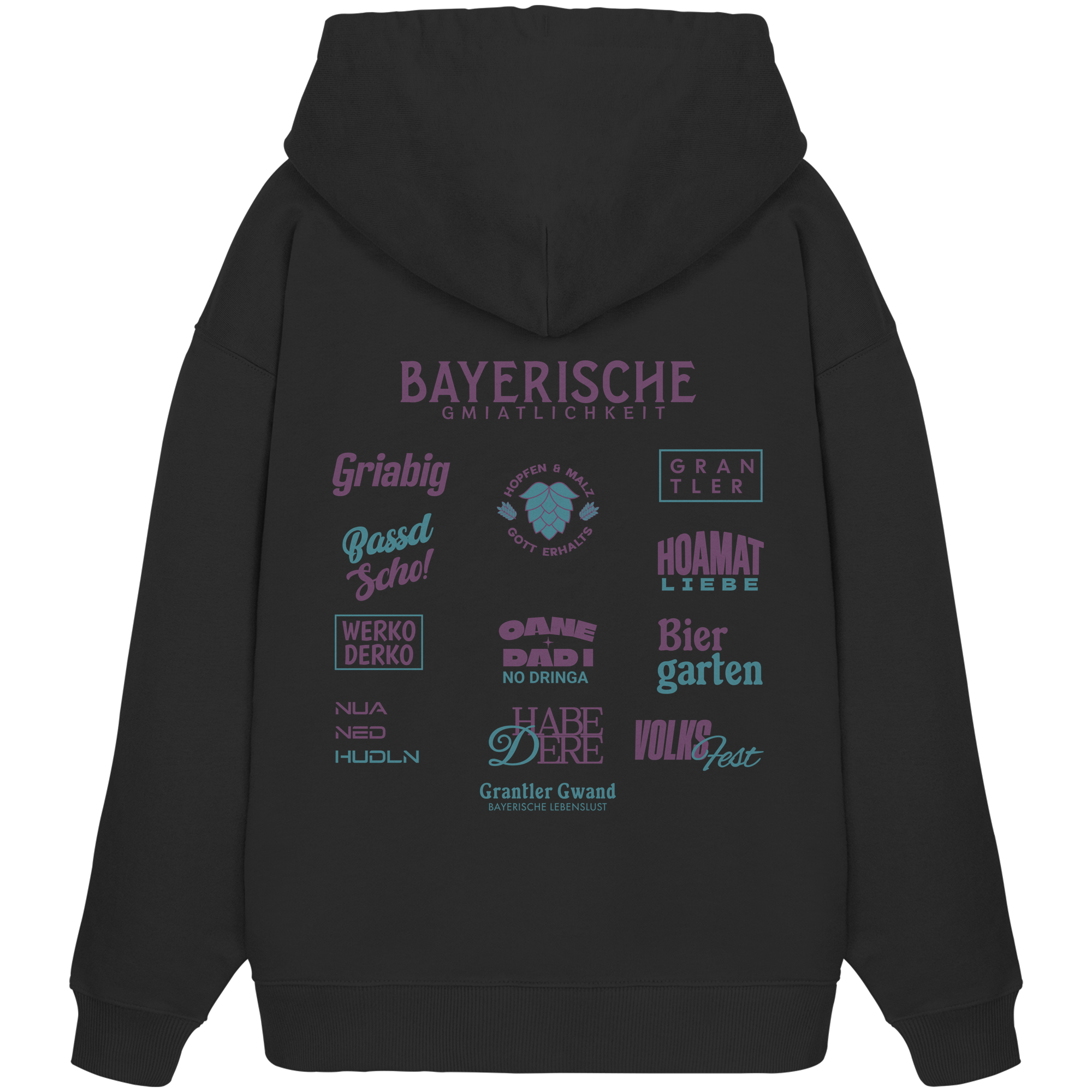 Schwarzer Oversize Hoodie mit großem lila Backprint „Bayerische Gmiatlichkeit“ und bayerischen Begriffen wie Hoamatliebe, Biergarten, Volksfest, Grantler, Hopfen & Malz und Griabig. Unisex Premium-Hoodie aus Bio-Baumwolle im modernen Streetwear-Style. Designed und bedruckt in Bayern von Grantler Gwand.