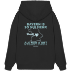 Schwarzer Oversize Hoodie in schwerer Qualität von Grantler Gwand mit grünem Backprint „Bayern im Herzen“ und Bayern-Silhouette – bayerischer Streetwear Hoodie im Oversize-Schnitt.