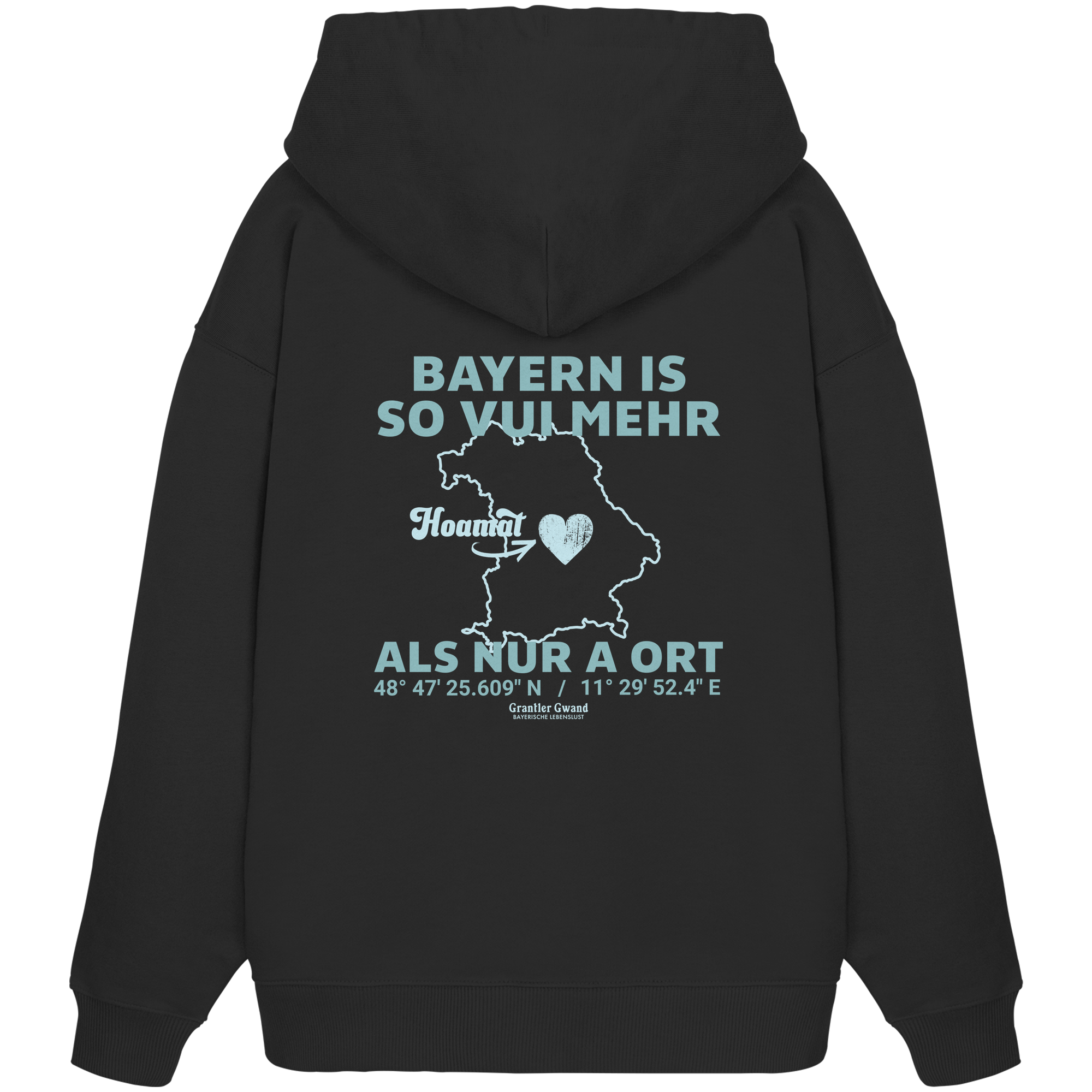Schwarzer Oversize Hoodie in schwerer Qualität von Grantler Gwand mit grünem Backprint „Bayern im Herzen“ und Bayern-Silhouette – bayerischer Streetwear Hoodie im Oversize-Schnitt.
