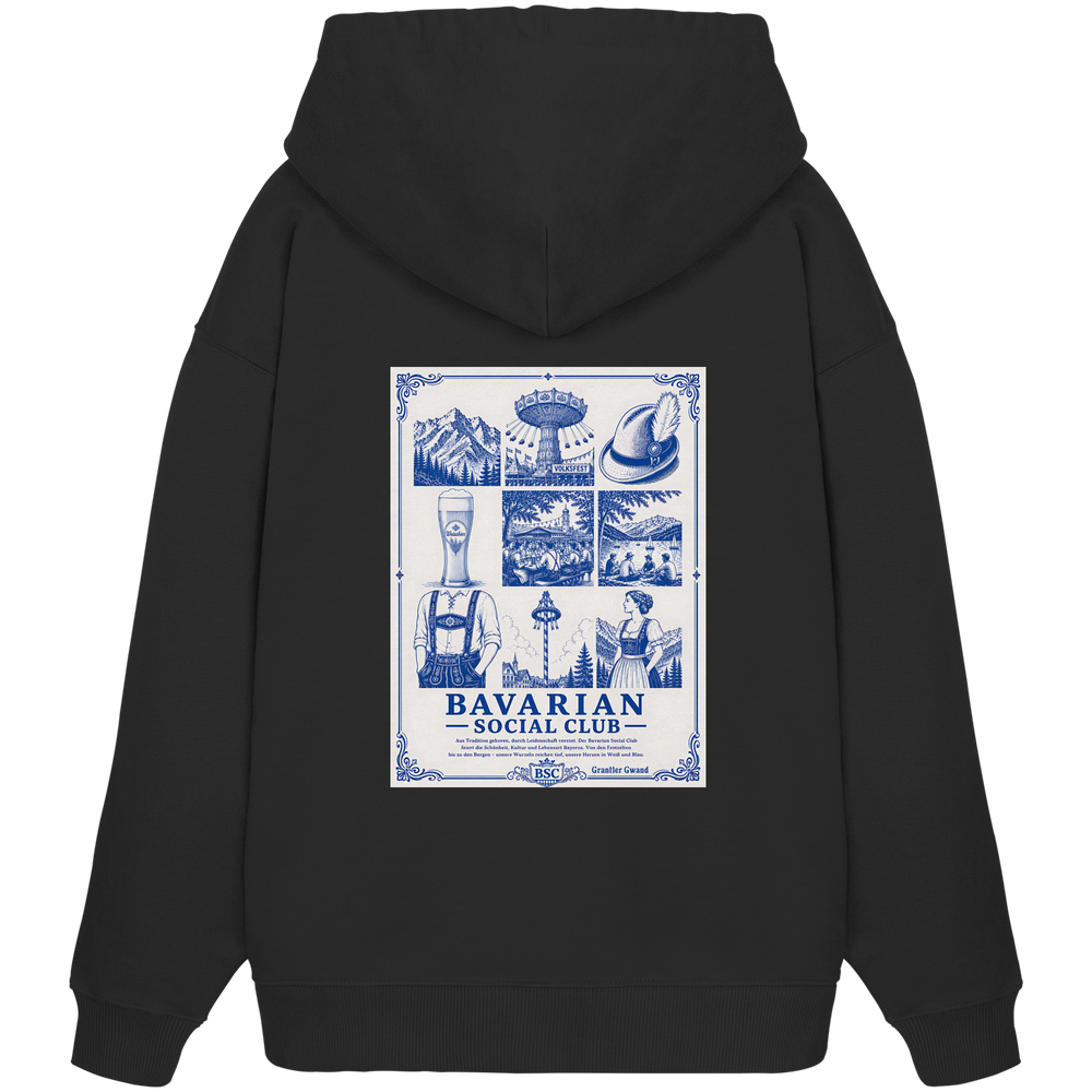 Schwarzer Overize Hoodie mit großem, blau/Weißem Bavarian Social Club Rückenprint im edlen Vintage - Stil von Grantler Gwand.