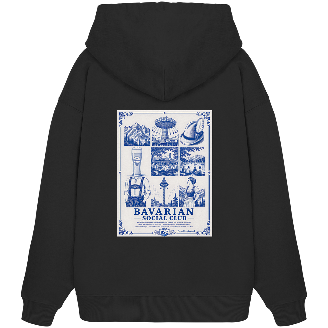 Schwarzer Overize Hoodie mit großem, blau/Weißem Bavarian Social Club Rückenprint im edlen Vintage - Stil von Grantler Gwand.