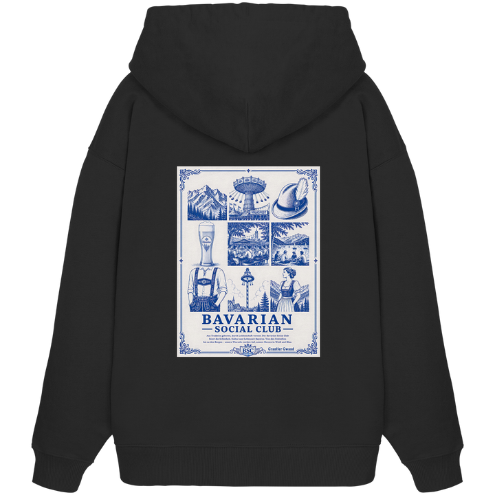 Schwarzer Overize Hoodie mit großem, blau/Weißem Bavarian Social Club Rückenprint im edlen Vintage - Stil von Grantler Gwand.